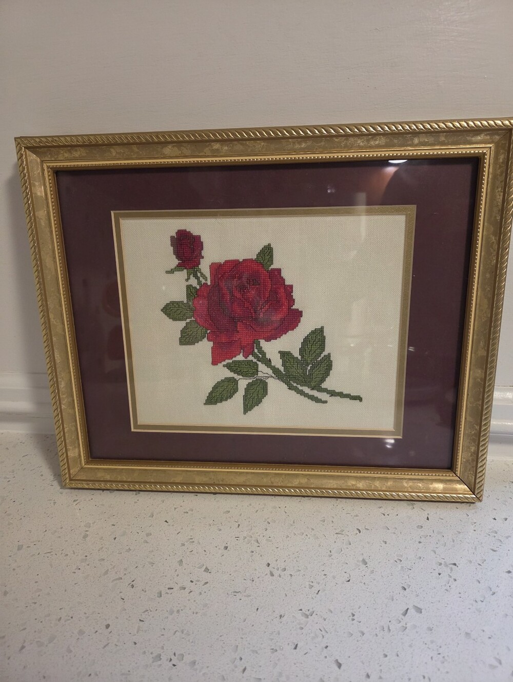 Vintage Gold Frame Rose Needlepoint Wall Art